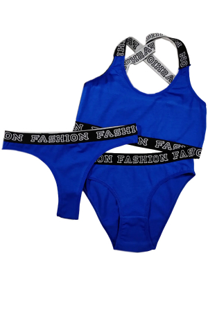 Fitness - Set 3 piese lenjerie intima, bustiera, chiloti clasici si chiloti tanga 95000-7albastru