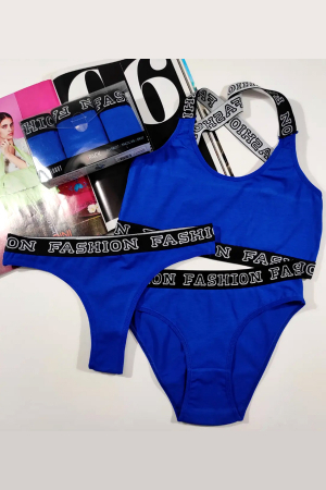 Fitness - Set 3 piese lenjerie intima, bustiera, chiloti clasici si chiloti tanga 95000-7albastru