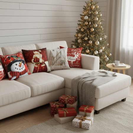 Lenjerii bumbac finet - Set 4 huse pentru fete de perna, model Craciun 45 x 45 cm 6220-4mixt