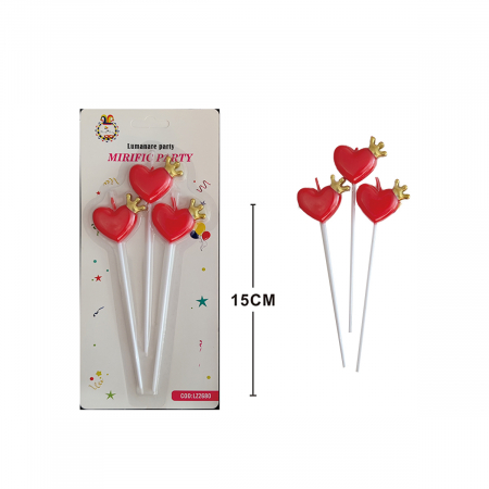 Lumânări tort - Set 3 lumanari aniversare pentru tort in forma de inima cu coronita 15 cm LZ2680