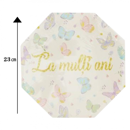 Tacâmuri - Set 6 farfurii pentru petrecere cu fluturi ' La multi ani ' 23cm 082583