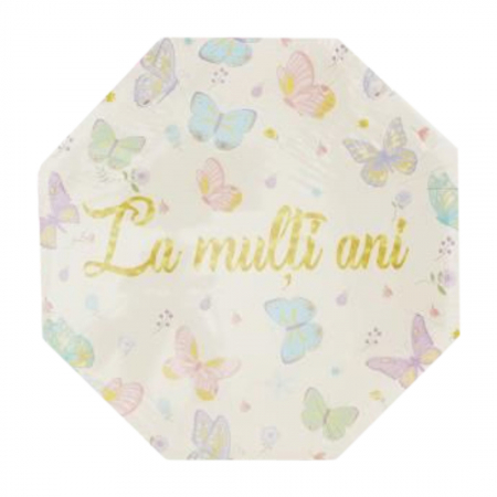 Tacâmuri - Set 6 farfurii pentru petrecere cu fluturi ' La multi ani ' 23cm 082583