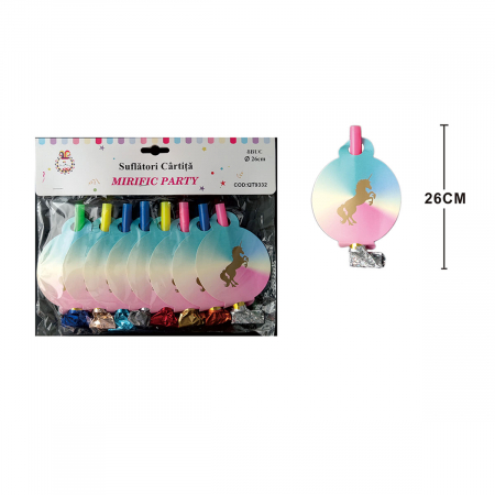 Accesorii party - Set 8 suflatori pentru petrecere cu unicorni 26 cm QT9332