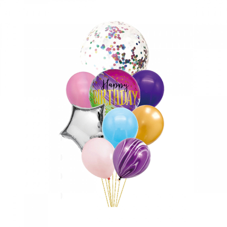 Articole party - Set aranjament 9 baloane cu confetti ' Happy Birthday ' 45 cm TZ5228