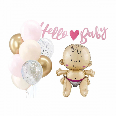 Baloane - Set aranjament cu ghirlanda si 9 baloane ' Hello baby ' 60 cm TZ5338