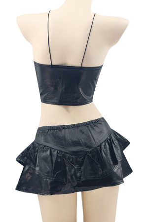 Lenjerie erotică - Set compleu sexy din piele sintetica lucioasa, top, fustita si chiloti tanga TY-PU66negru