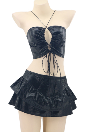 Lenjerie erotică - Set compleu sexy din piele sintetica lucioasa, top, fustita si chiloti tanga TY-PU66negru