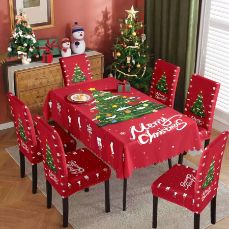 Articole casă - Set fata de masa si 6 huse pentru scaune, model Craciun 6220-2528/29