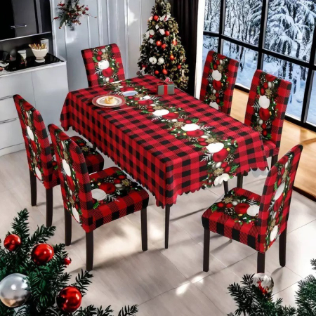 Articole casă - Set fata de masa si 6 huse pentru scaune, model Craciun 6220-2530/31
