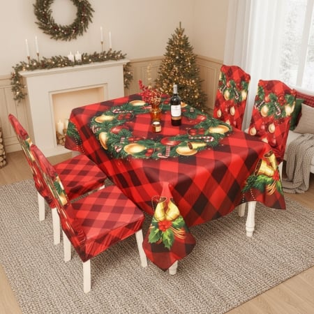 Huse scaune și canapele - Set fata masa si 4 huse scaune, model Craciun 6220-37/39