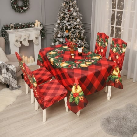 Huse scaune și canapele - Set fata masa si 4 huse scaune, model Craciun 6220-37/39