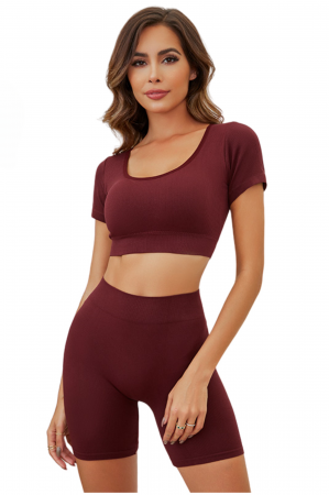 Fitness - Set fitness 2 piese, top cu maneca scurta si colanti scurti XXP-8910visiniu