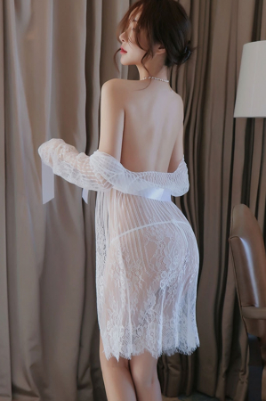 Damă - Set halat alb sexy, cordon si chiloti tanga YML-1066alb