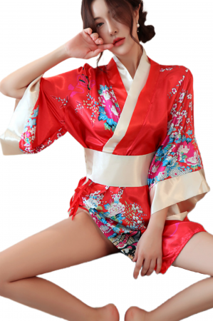 Lenjerie erotică - Set lenjerie erotica, kimono sexy japonez, cordon si chiloti tanga YML-1306rosu