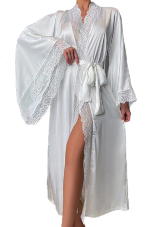 Pijamale - Set pijama sexy, halat din satin fin cu insertii dantela, cordon si chiloti tanga TY-015alb