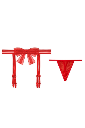 Lenjerie erotică - Set lenjerie erotica, chiloti sexy tanga si portjartier LH2063rosu