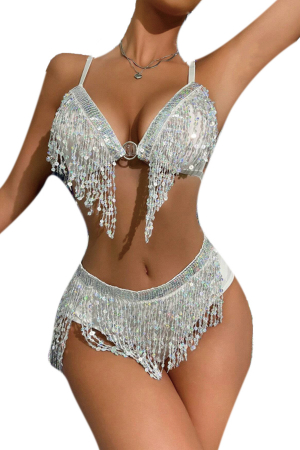 Lenjerie erotică - Set lenjerie erotica tip belly dance cu paiete si franjuri, sutien si chiloti sexy TY-LX198alb