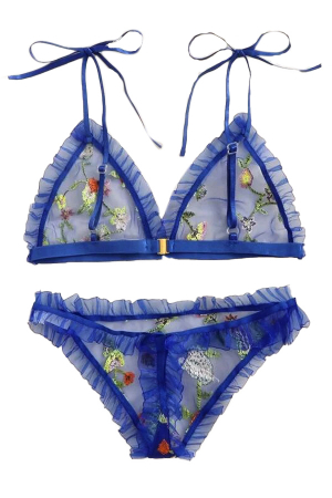 Lenjerie erotică - Set lenjerie erotica cu broderie florala, sutien si chiloti tanga MDD-W470albastru