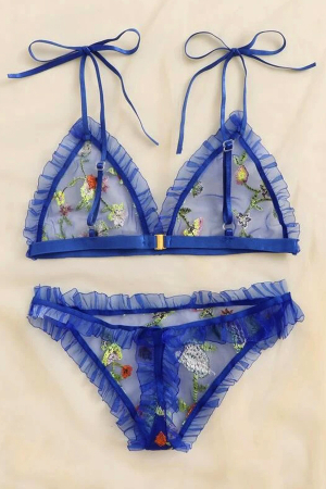 Lenjerie erotică - Set lenjerie erotica cu broderie florala, sutien si chiloti tanga MDD-W470albastru