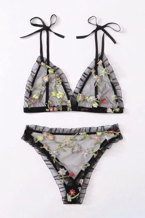 Lenjerie erotică - Set lenjerie erotica cu broderie florala, sutien si chiloti tanga MDD-W470negru