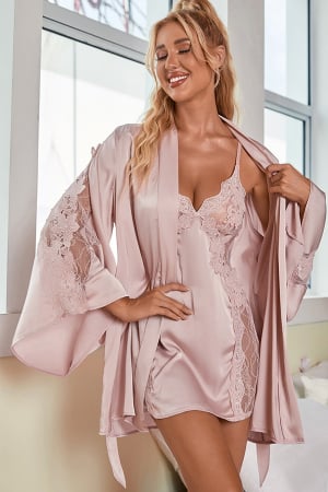 Halate - Set lenjerie erotica cu broderie si dantela, halat, rochita si chiloti tanga GJ9423roz