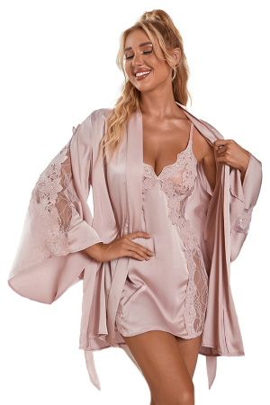 Halate - Set lenjerie erotica cu broderie si dantela, halat, rochita si chiloti tanga GJ9423roz