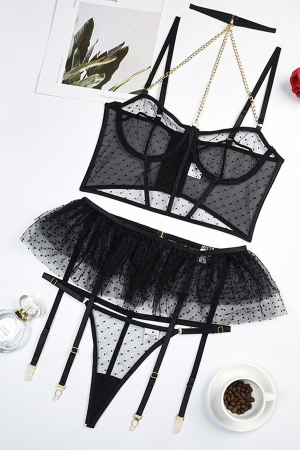 Lenjerie erotică - Set lenjerie erotica transparenta, top, fustita si chiloti tanga FS-Z2973