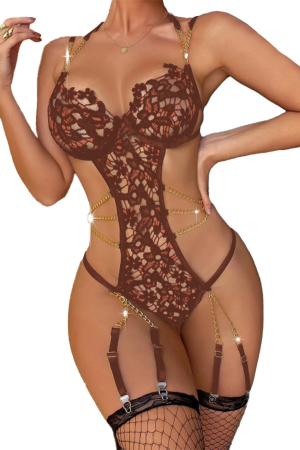 Body-uri - Body sexy cu dantela brodata accesorizat cu lanturi si dres TY-LX128portocaliu