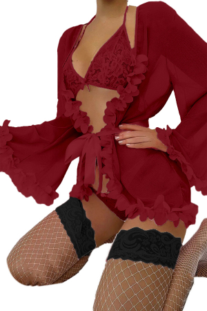 Lenjerie erotică - Set lenjerie erotica cu dantela florala, halat, sutien, chiloti tanga si ciorapi sexy TY-825visiniu