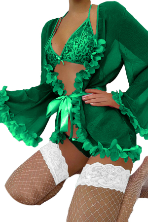 Damă - Set lenjerie erotica cu dantela florala, halat, sutien, chiloti tanga si ciorapi sexy TY-825verde