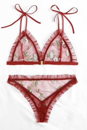 Lenjerie erotică - Set lenjerie erotica cu broderie florala, sutien si chiloti tanga MDD-W470visiniu