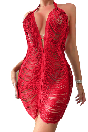 Lenjerie erotică - Set lenjerie erotica, rochita senzuala cu franjuri si chiloti tanga TY-8921-4rosu