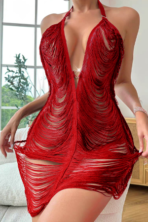 Lenjerie erotică - Set lenjerie erotica, rochita senzuala cu franjuri si chiloti tanga TY-8921-4rosu