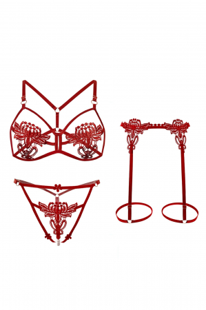 Lenjerie erotică - Set lenjerie erotica decupata, sutien, chiloti tanga cu margele si portjartier LH9306visiniu