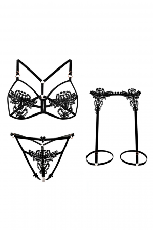 Lenjerie erotică - Set lenjerie erotica decupata, sutien, chiloti tanga cu margele si portjartier LH9306negru