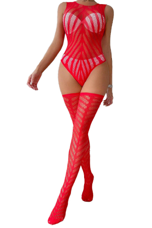 Lenjerie erotică - Set lenjerie erotica din plasa fina, body sexy si ciorapi dres DLS-7876rosu