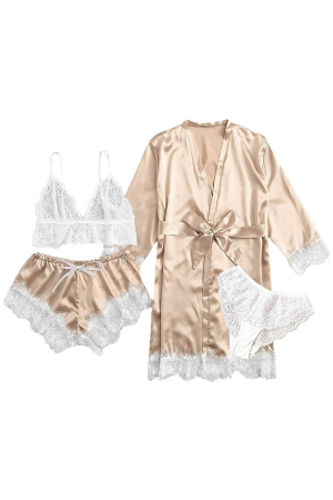 Halate - Set lenjerie erotica, halat, top, pantaloni scurti si chiloti brazilieni YMR-T1054auriu