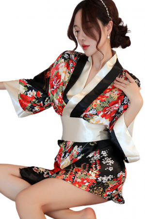 Lenjerie erotică - Set lenjerie erotica, kimono sexy japonez, cordon si chiloti tanga YML-1306negru
