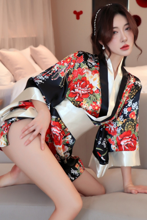 Lenjerie erotică - Set lenjerie erotica, kimono sexy japonez, cordon si chiloti tanga YML-1306negru