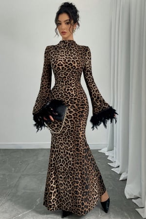 Rochii - Rochie mulata de seara Leopard, cu guler inalt si maneci lungi cu pene DLS-7290