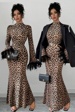 Rochii - Rochie mulata de seara Leopard, cu guler inalt si maneci lungi cu pene DLS-7290