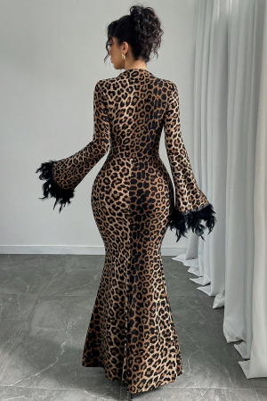 Rochii - Rochie mulata de seara Leopard, cu guler inalt si maneci lungi cu pene DLS-7290