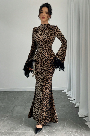 Rochii - Rochie mulata de seara Leopard, cu guler inalt si maneci lungi cu pene DLS-7290