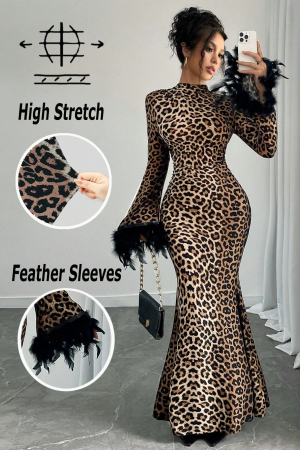Rochii - Rochie mulata de seara Leopard, cu guler inalt si maneci lungi cu pene DLS-7290