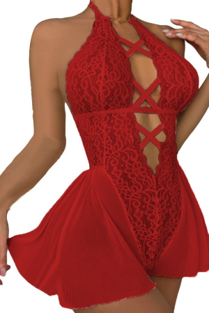 Lenjerie erotică - Set lenjerie erotica, rochie babydoll cu dantela brodata si chiloti tanga TY-S712visiniu