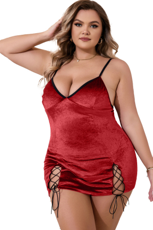 Lenjerie erotică - Set lenjerie erotica, rochita din catifea fina si chiloti tanga TY-R073rosu