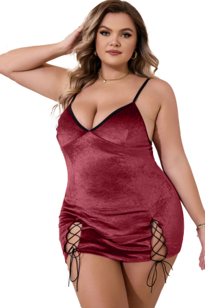 Lenjerie erotică - Set lenjerie erotica, rochita din catifea fina si chiloti tanga TY-R073visiniu