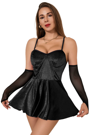 Lenjerie erotică - Set lenjerie erotica, rochita din catifea fina, chiloti tanga si maneci transparente TY-R074negru