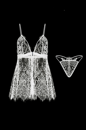 Lenjerie erotică - Set lenjerie erotica, rochita sexy transparenta si chiloti tanga GJ1582alb