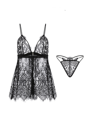 Lenjerie erotică - Set lenjerie erotica, rochita sexy transparenta si chiloti tanga GJ1582negru